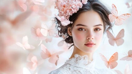 Elegant Portrait of Woman in White Dress with Flowers
