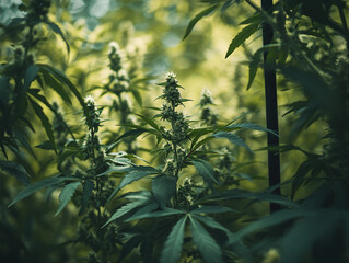 Obraz premium Lush Cannabis Garden: Harmony of Nature's Growth and Human Cultivation in Tranquil Sanctuary