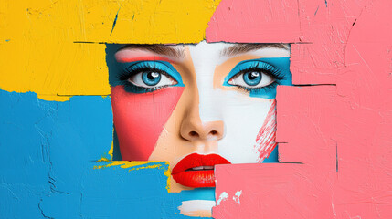 Vibrant portrait of a woman with colorful face paint, showcasing artistic expression and beauty in vivid hues against a textured backdrop.