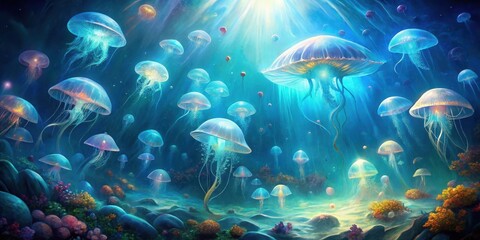 A mesmerizing underwater scene with glowing jellyfish gracefully floating in the ethereal blue depths, surrounded by colorful coral reefs and shimmering light beams.