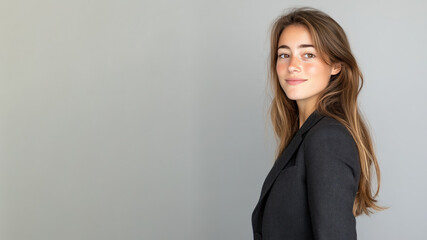 Fototapeta premium French business woman in suit blazer isolated on gray, lawyer secretary