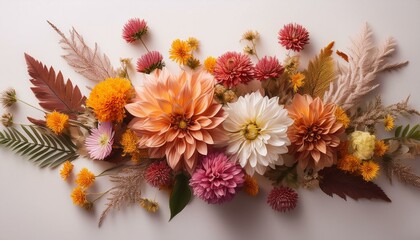 Autumn composition made of beautiful flowers on light backdrop. Floristic decoration