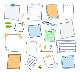 Notebook page, paper sheets, memo stickers, adhesive notice reminders hand drawn doodle set
