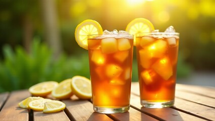 Two glasses of iced tea with fresh lemon slices, captured in warm sunlight with a lush green background. Perfect for summer, beverages, and outdoor refreshment themes.