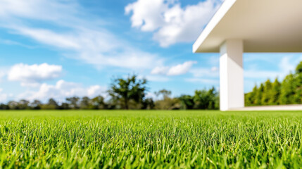 A vibrant green lawn under a bright blue sky with clouds, showcasing modern architecture in the background, perfect for outdoor scenes.