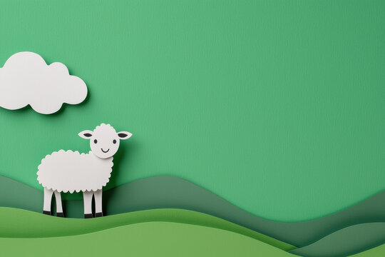 A whimsical paper-cut style sheep standing on a vibrant green hillside with a fluffy cloud in a bright sky, perfect for playful designs.