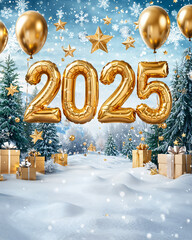 Golden balloons writing 2025 on a snowy Christmas landscape to wish a happy new year