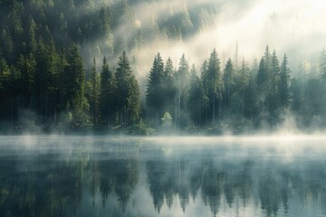 Misty Forest Reflects in Calm Lake at Dawn Serenely with Fog Gracefully