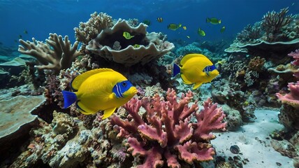 Brightly colored fish on the ocean floor among corals