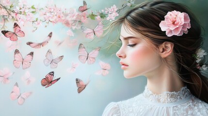 Fototapeta premium Serene Woman with Pink Flowers and Butterflies
