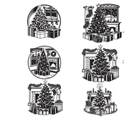 Christmas tree decorated with ornaments,set of christmas tree,golden christmas tree