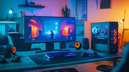 A gaming setup with a computer monitor, speakers, keyboard, and a gaming console, illuminated by colorful lights