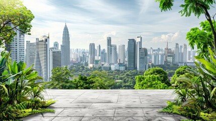 Fototapeta premium Empty square floor with city skyline background, Cityscape with a touch of retro nostalgia, vintage-inspired urban scene reminiscent of bygone eras