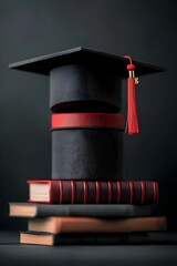 Dramatic high contrast close up of a graduation cap balanced atop a precarious tower of books evoking a sense of achievement and the challenges of academic pursuits