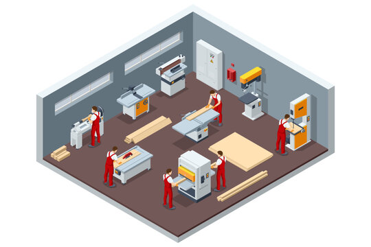 Isometric Carpenter Working on Woodworking Machines in carpentry Shop. Woodworking Machine. Carpentry Workshop. Woodworking tools