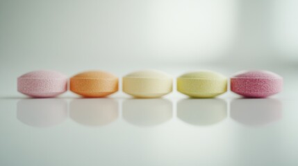 Colorful capsules and round tablets neatly arranged in a straight row on a smooth white surface, highlighting vibrant pastel colors and clean textures for a professional pharmaceutical layout.