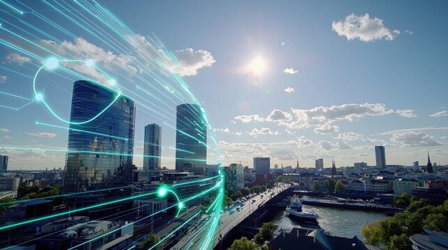 Modern Smart City Skyline with Digital Overlay