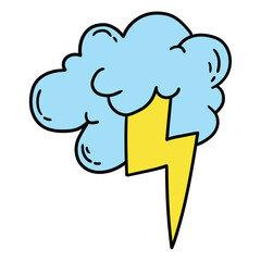Hand drawn cartoon cloud and lightning on white background.