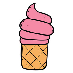 Hand drawn cartoon fruit ice cream in a waffle cone on a white background.
