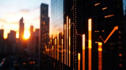 Obraz premium A sunset view of a city skyline with glowing financial charts displayed on a glass building, symbolizing growth and opportunity.