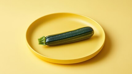 A pale yellow plate featuring one baby zucchini, isolated on the plate, highresolution, pastel tones