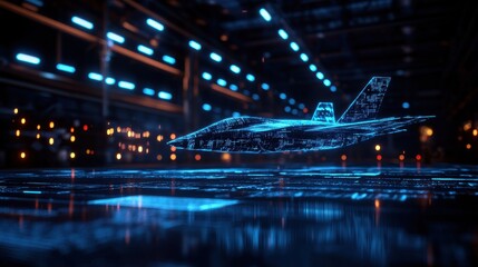 Obraz premium A futuristic aircraft is displayed in a digital hologram, illuminated by blue lights in a high-tech hangar environment.