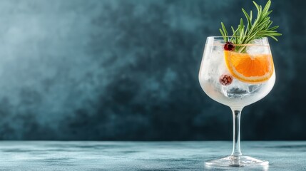 A refreshing cocktail, highlighted by a sleek stemmed glass, features a bold orange slice, cranberries, and fresh rosemary, set against a cool-tone backdrop.