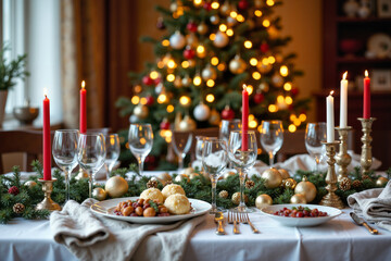 Elegancki stół wigilijny nakryty białym obrusem, udekorowany świerkowymi gałązkami, świecami i czerwonymi akcentami. Na stole potrawy świąteczne: pierogi, karp, barszcz, a w tle oświetlona choinka.