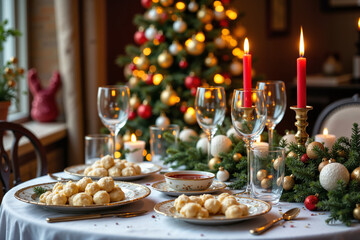 Elegancki stół wigilijny nakryty białym obrusem, udekorowany świerkowymi gałązkami, świecami i czerwonymi akcentami. Na stole potrawy świąteczne: pierogi, karp, barszcz, a w tle oświetlona choinka.