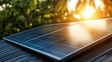 A close-up view of solar panels on a rooftop capturing sunlight, symbolizing clean energy and sustainability in a bright, sunny environment.