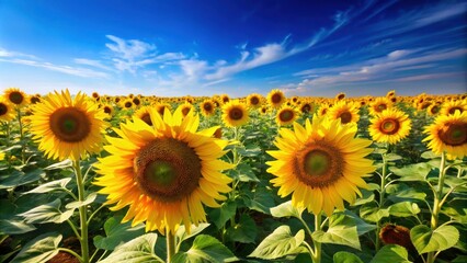 Fototapeta premium A Vibrant Field of Sunflowers Bathed in Warm Sunlight and a Sky Adorned with Wispy Clouds