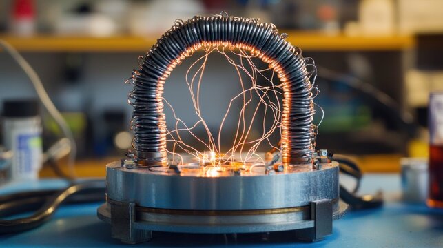 A detailed close-up of an electromagnet in a scientific lab, demonstrating how it attracts metal objects using electricity