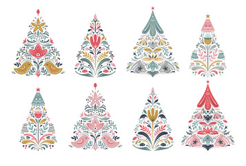 Obraz premium Vector set of Christmas trees with folk Scandinavian ornaments
