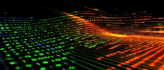 A vibrant digital wave of data represented by colorful binary patterns.