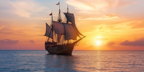 Obraz premium A large ship sails in the ocean at sunset. The sky is filled with clouds and the sun is setting