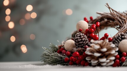 A beautifully crafted holiday wreath adorned with red berries, pinecones, and decorative elements, symbolizing winter festivities and seasonal charm on a soft background.