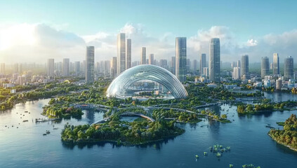 Aerial view of a large transparent dome structure in a city