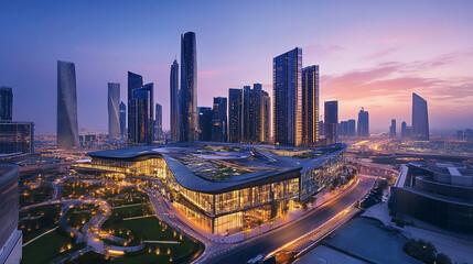 Naklejka premium Urban skyline at dusk with geothermal-powered buildings, modern cityscape harnessing sustainable energy
