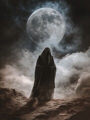 Mysterious Figure in Foggy Moonlight