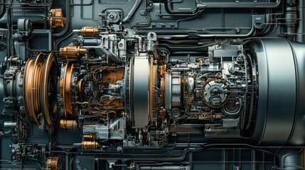 Fototapeta premium A detailed diagram of a mechanical engine illustrates the elaborate inner workings of the machinery, showing the complexity hidden beneath the surface