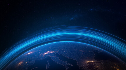 Obraz premium Global Network: A mesmerizing view of Earth at night, encircled by a vibrant blue energy ring, symbolizing interconnectedness and technological advancement. 