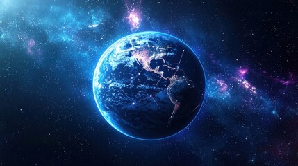 Fototapeta premium Night planet earth from space with light lines of communication and connection. Business and finance, concept. Global communications system and the World Wide Web. Technologies and communications.