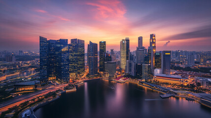 Fototapeta premium Urban skyline at dusk with geothermal-powered buildings, modern cityscape harnessing sustainable energy