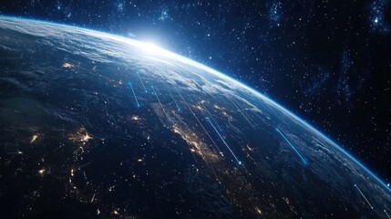 Obraz premium Night planet earth from space with light lines of communication and connection. Business and finance, concept. Global communications system and the World Wide Web. Technologies and communications.