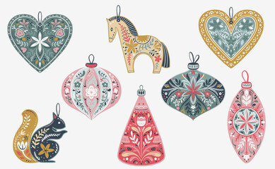 Vector set of Christmas tree decorations with folklore Scandinavian ornament.