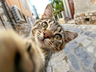 Charming cat selfie capturing whisker details, playful curiosity, and natural outdoor lighting in a close-up angle for social media viral.