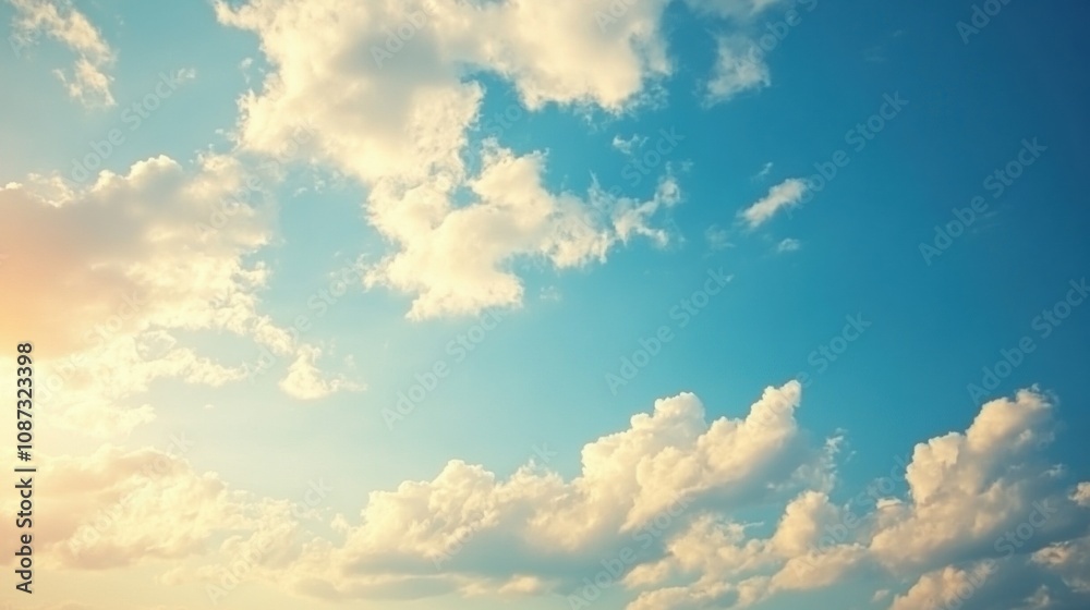 Poster A stunning view of a bright blue sky dotted with fluffy white clouds, illuminated by the warm sunlight in the afternoon. Generative AI