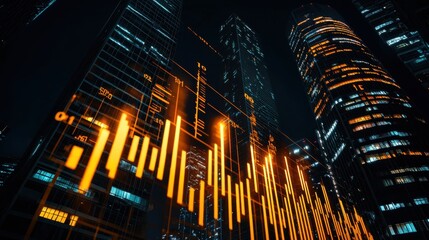 A dynamic city skyline illuminated by glowing data visualizations, showcasing trends and analytics against a backdrop of modern architecture.