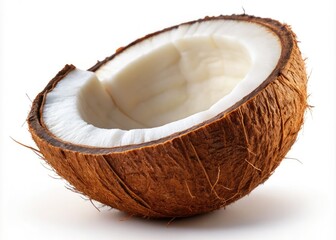 Half Coconut Isolated on White Background - Tropical Fruit, Natural Ingredients, Healthy Lifestyle, Organic Coconut, Summer Refreshment, Cooking, Vegan Food, Fresh Ingredients.