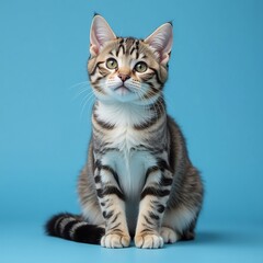A tabby grey kitten sits on a blue background, isolated